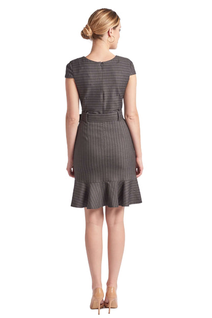 Chelsea Pinstripe Dress - V-Neck Cap Sleeve Work Dress with Ruffle Hem