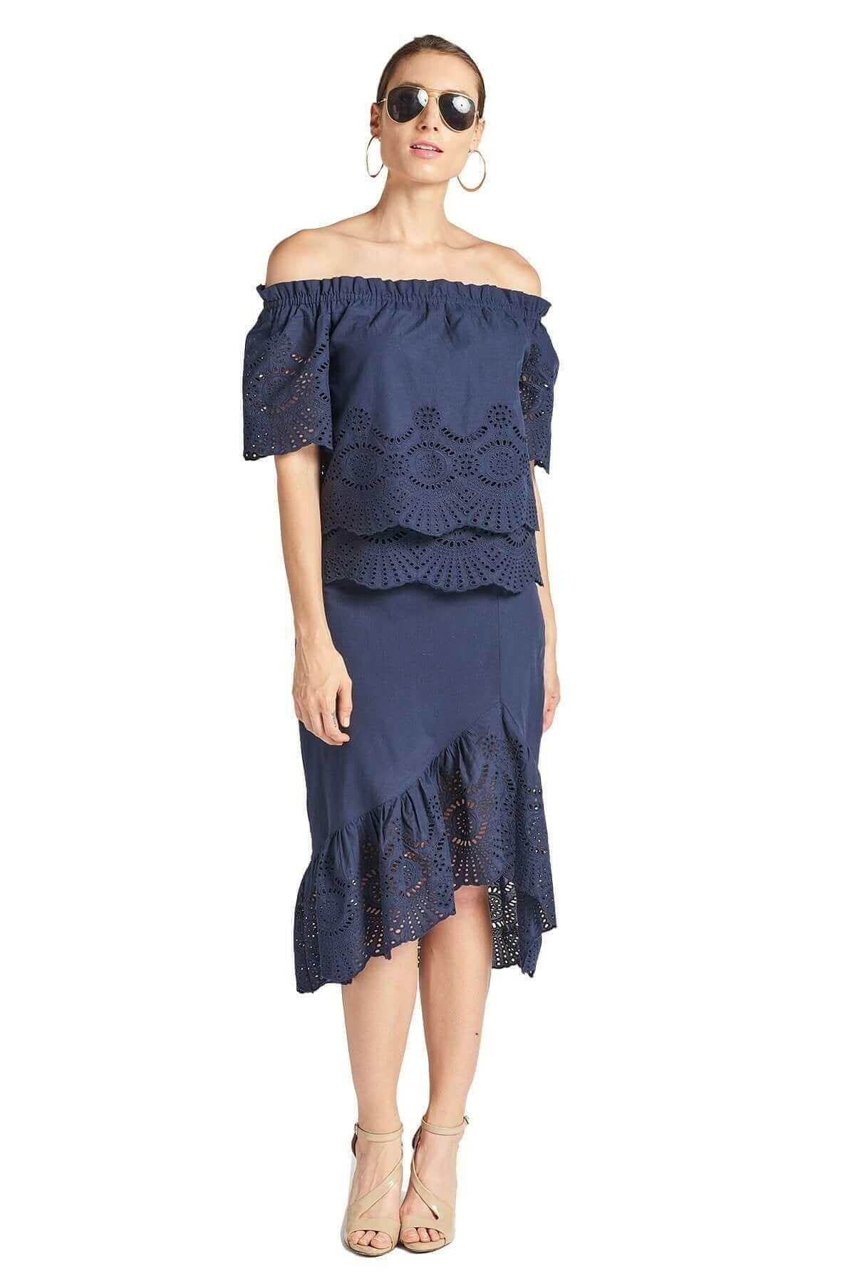 Aster Skirt - Cotton eyelet asymmetric hi-lo skirt (navy)