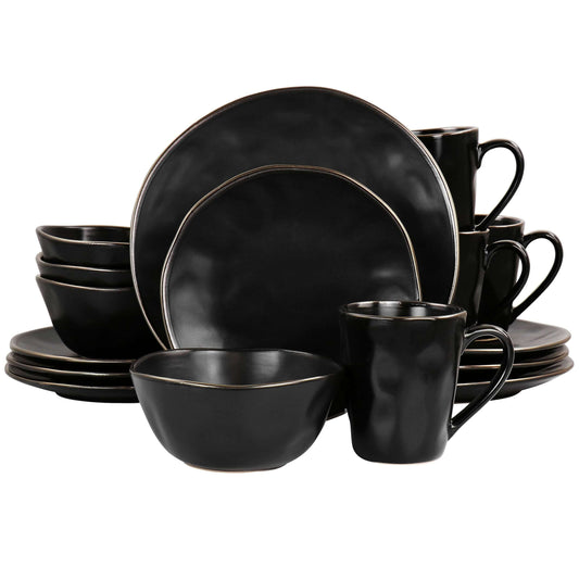 Elama Modern 16 Piece Stoneware Dinnerware Set in Matte Black with