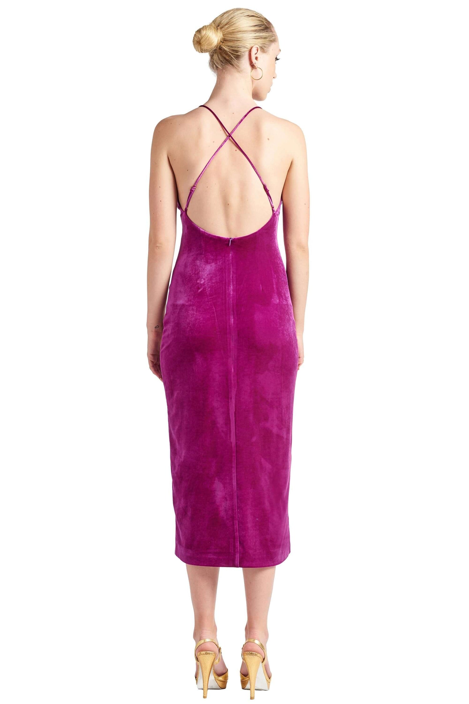 Elle Magenta Velvet Long Slip Dress - Front Thigh Slit, Low Criss