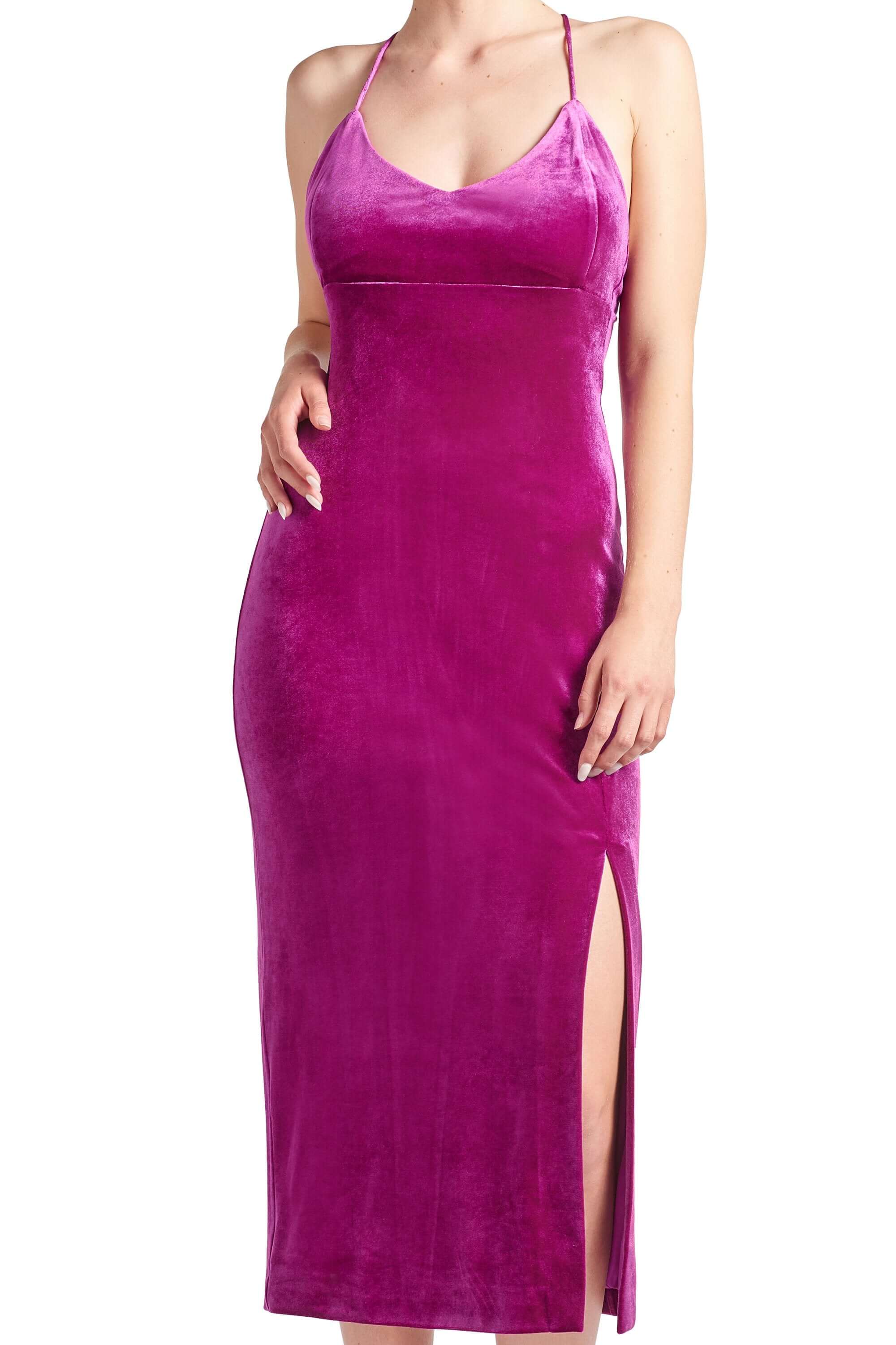 Elle Magenta Velvet Long Slip Dress - Front Thigh Slit, Low Criss