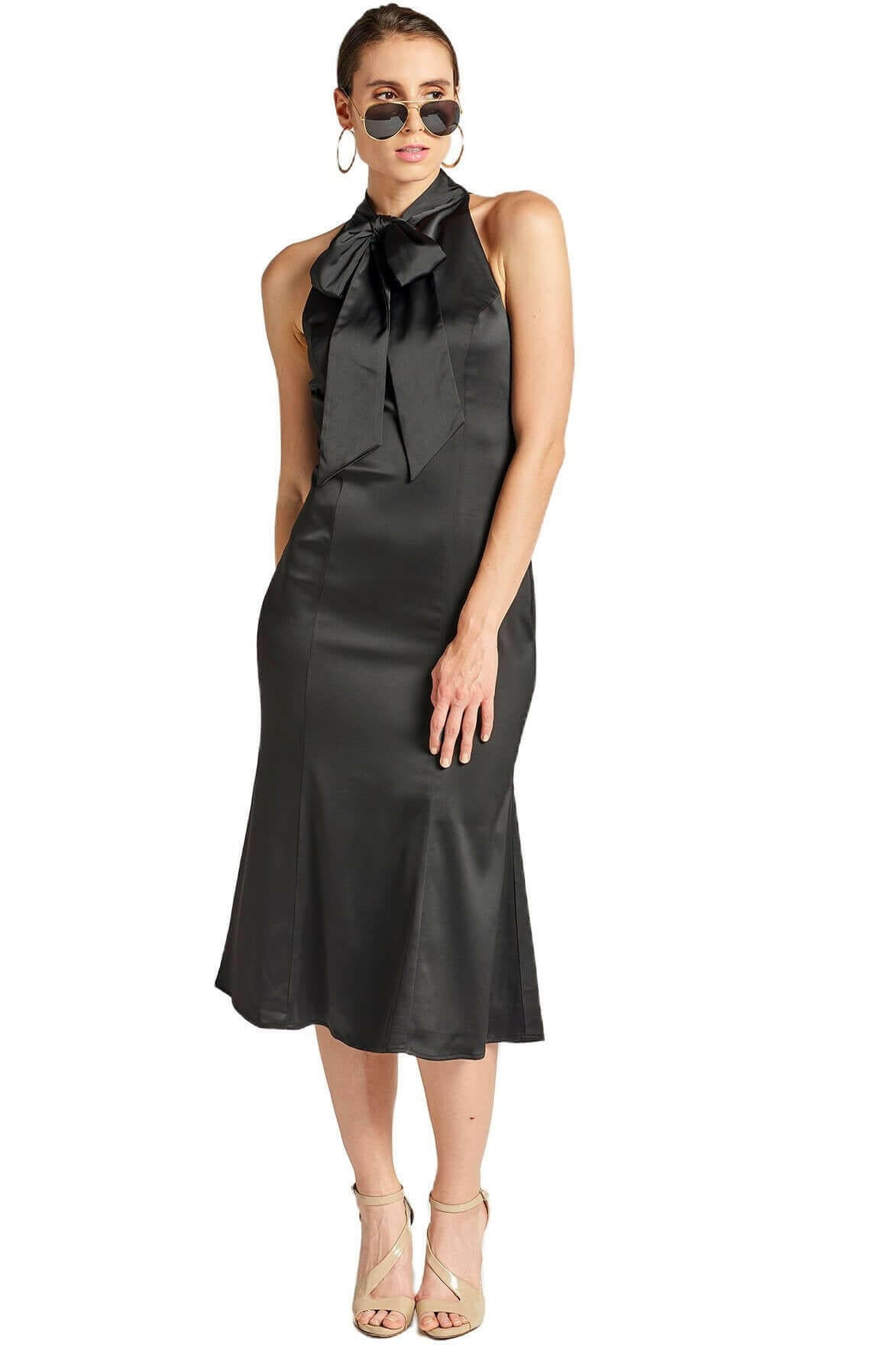 Eloise Dress - Stretch satin midi mermaid dress with neck tie.