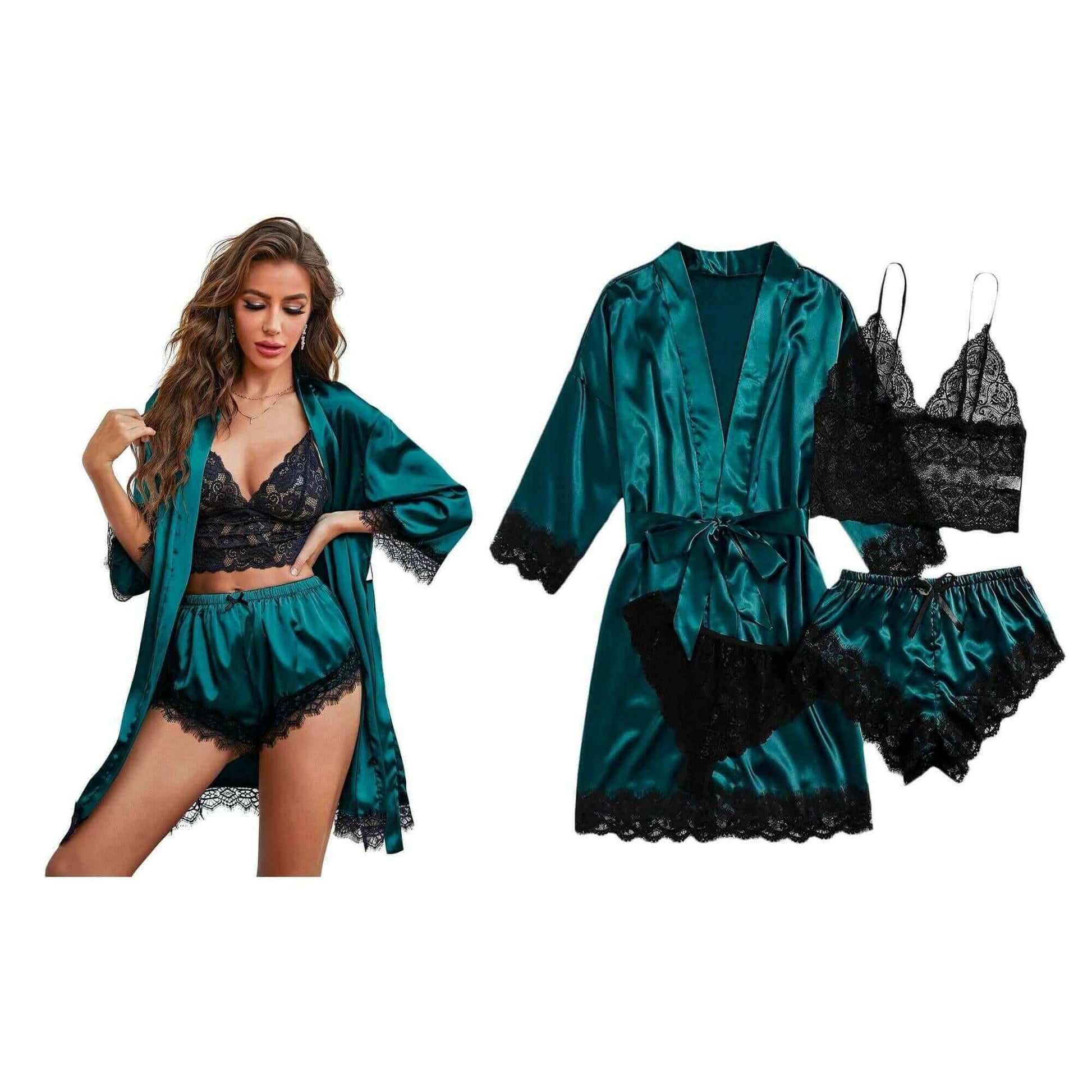 Women's Four-Piece Lace-Trimmed Satin Pajama Set.