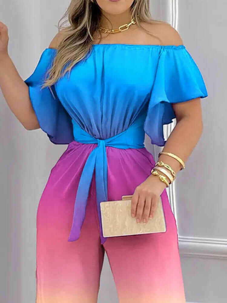 Off Shoulder Rainbow Tie-dye Print Ruffle Jumpsuit