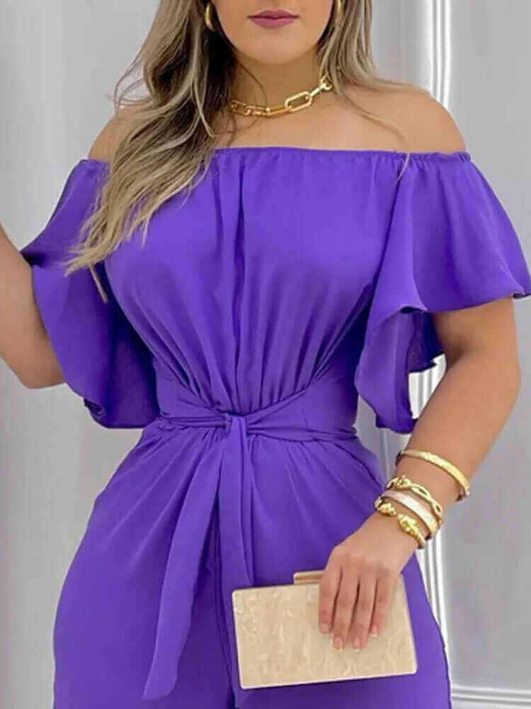 Off Shoulder Rainbow Tie-dye Print Ruffle Jumpsuit