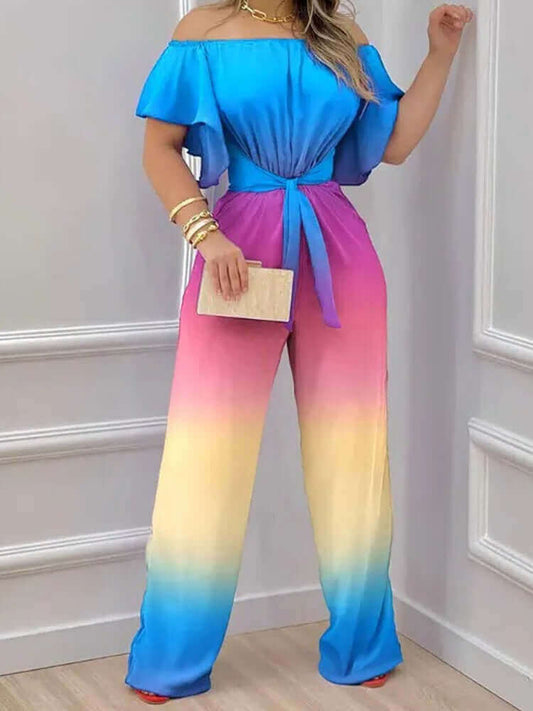 Off Shoulder Rainbow Tie-dye Print Ruffle Jumpsuit