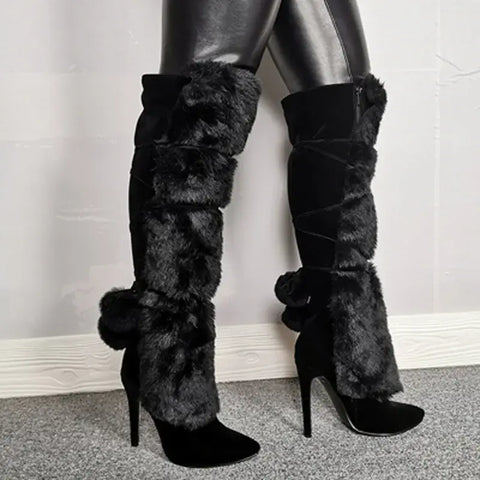 fashion fox fur botas cow suede leather over the knee long winter snow