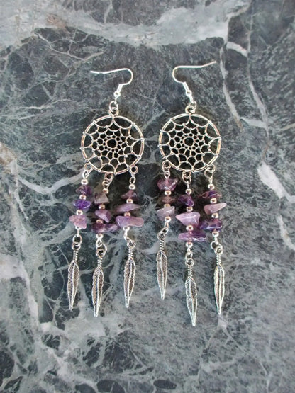 Sterling Silver Raw Amethyst Dream Catcher drop Earrings. Dream catcher dangle earrings