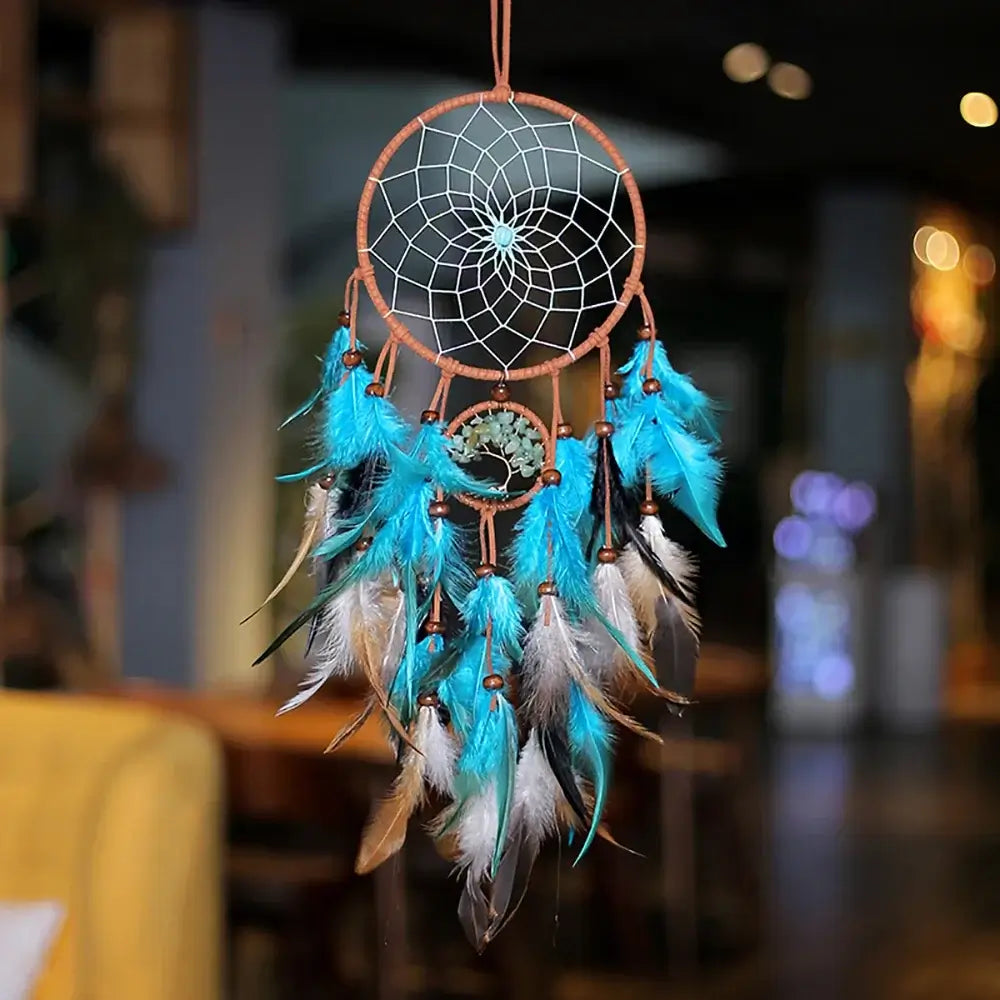 Dream Catcher Tree of Life with Feathers Indians Style Crystal Stone Home Hanging Ornament for Bedroom Dorm Handmade Gift 60cm