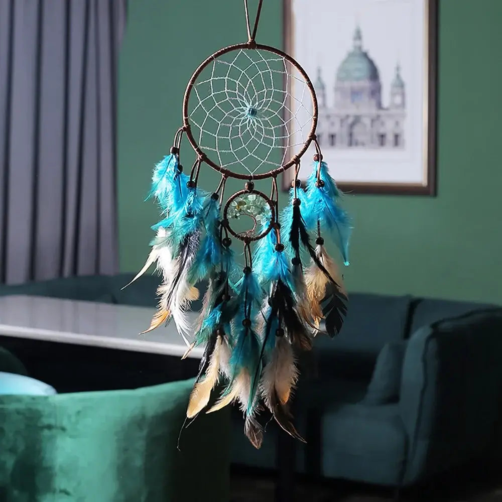 Dream Catcher Tree of Life with Feathers Indians Style Crystal Stone Home Hanging Ornament for Bedroom Dorm Handmade Gift 60cm