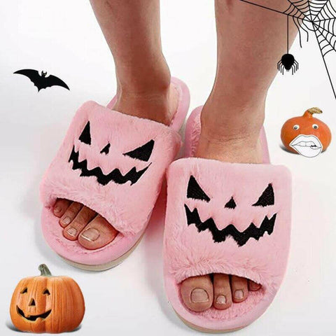 Halloween Pumpkin Slippers Open Toe Women Fuzzy Slippers Color Purple