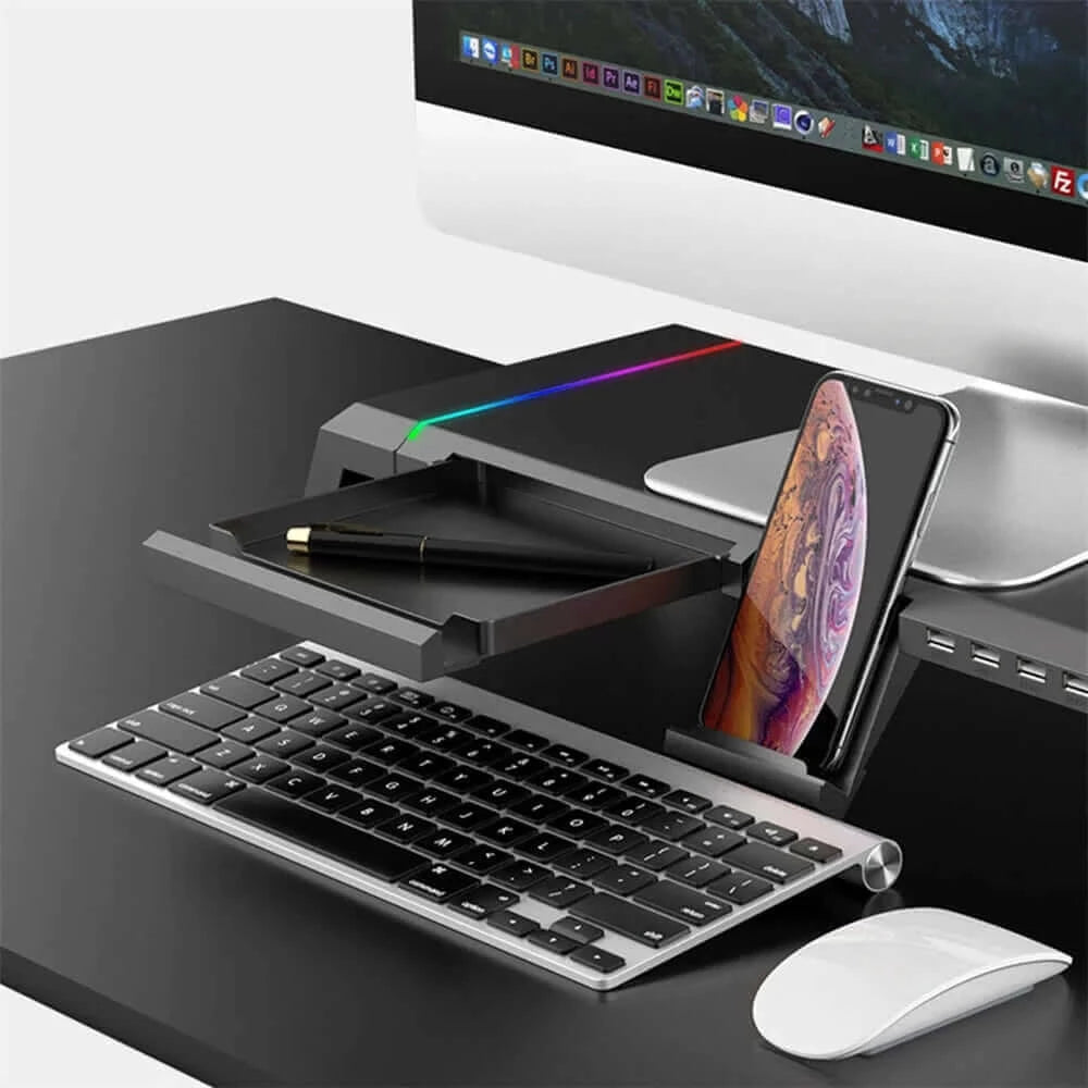 RGB Monitor Stand 4 USB Charging Desk Organizer Bracket Computer.