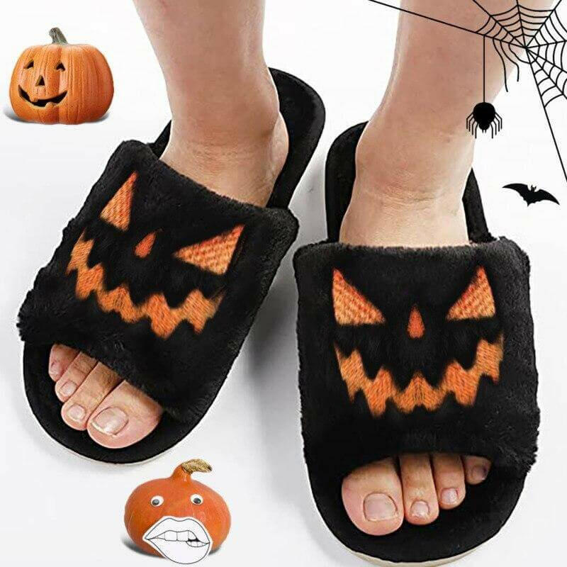 Halloween Pumpkin Slippers Open Toe Women Fuzzy Slippers Color Purple