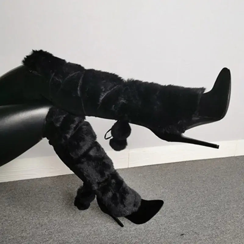 fashion fox fur botas cow suede leather over the knee long winter snow