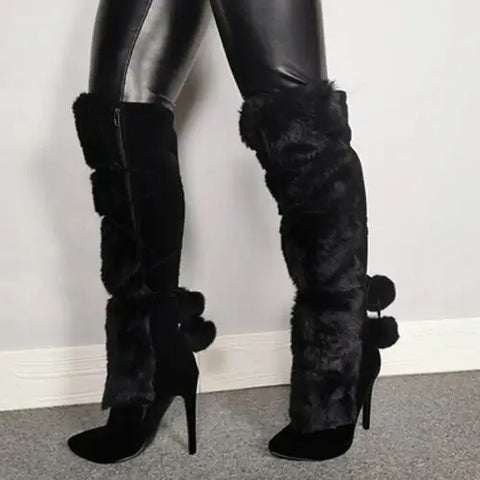 fashion fox fur botas cow suede leather over the knee long winter snow