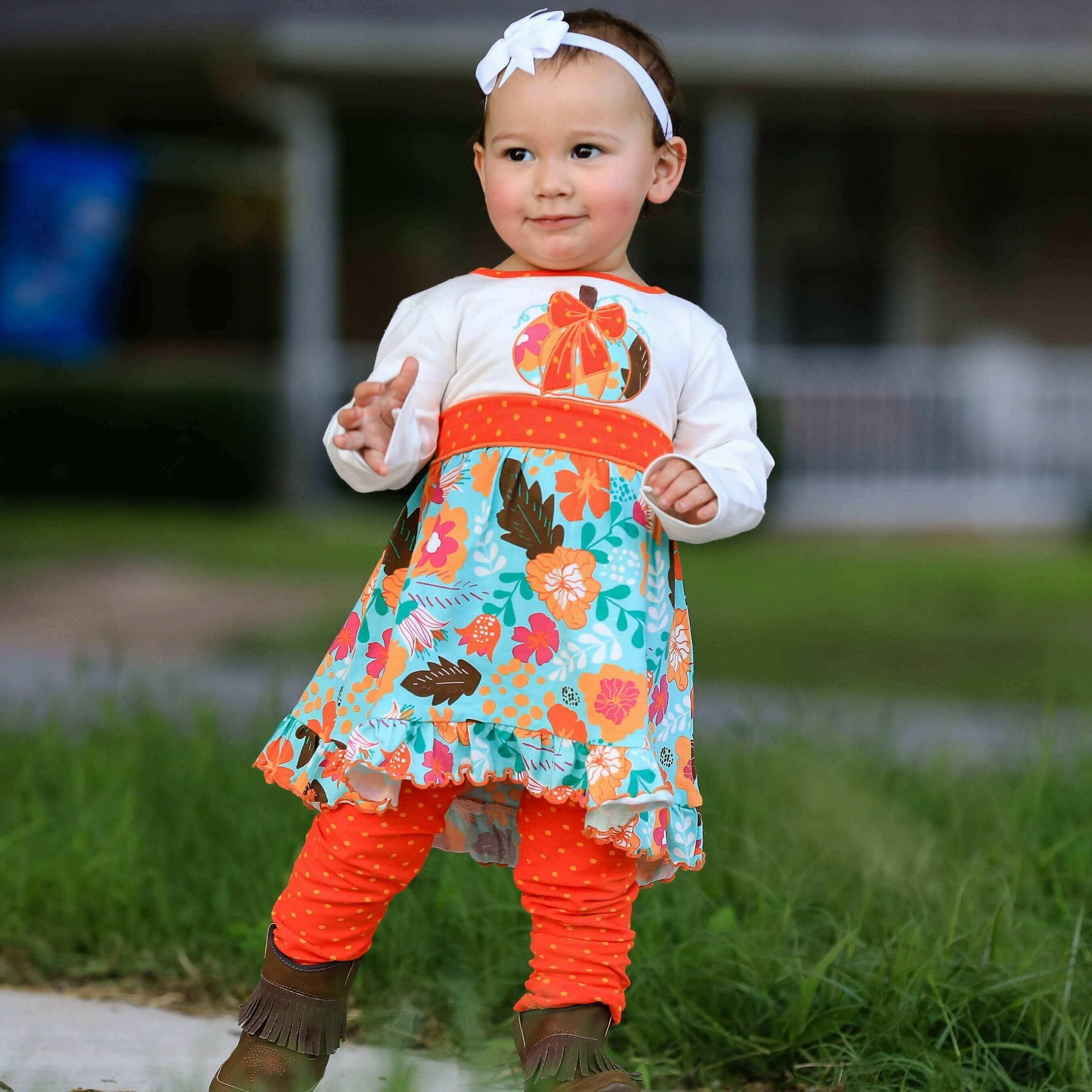 Girls Vibrant Autumn Floral Pumpkin Thanksgiving Dress & Leggings.