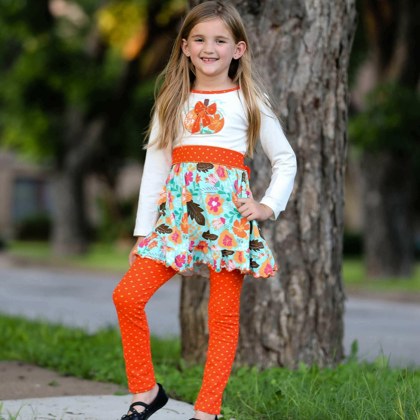 Girls Vibrant Autumn Floral Pumpkin Thanksgiving Dress & Leggings.