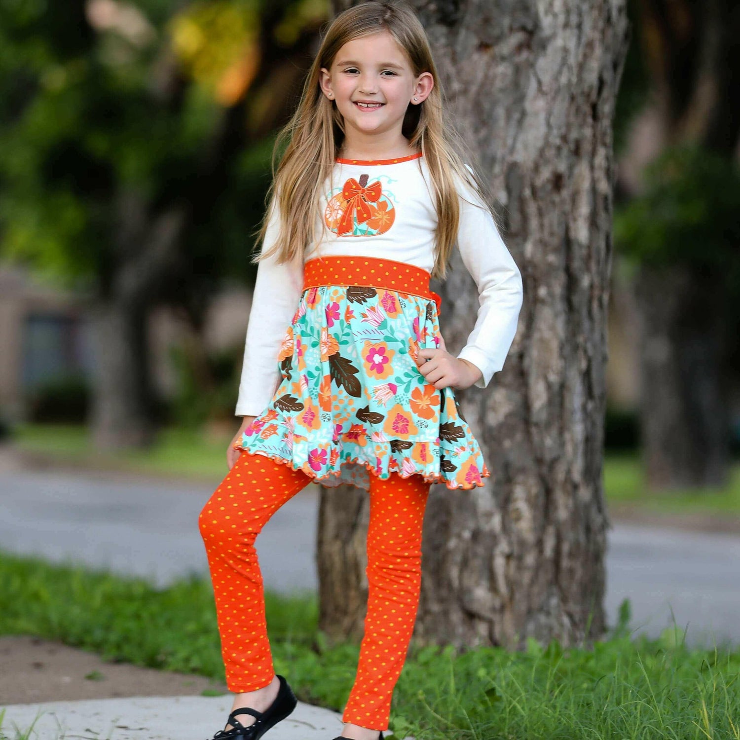 Girls Vibrant Autumn Floral Pumpkin Thanksgiving Dress &amp; Leggings