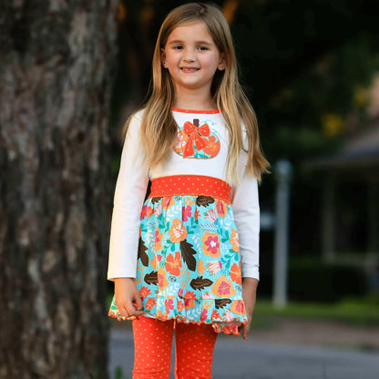 Girls Vibrant Autumn Floral Pumpkin Thanksgiving Dress & Leggings.