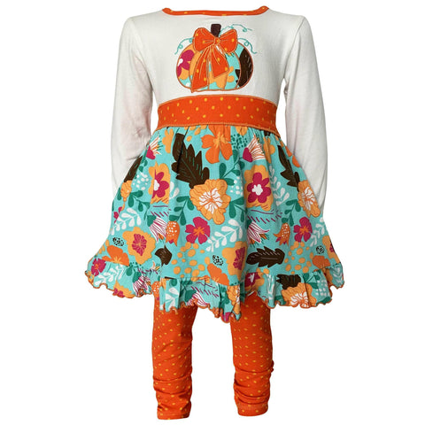 Girls Vibrant Autumn Floral Pumpkin Thanksgiving Dress & Leggings.