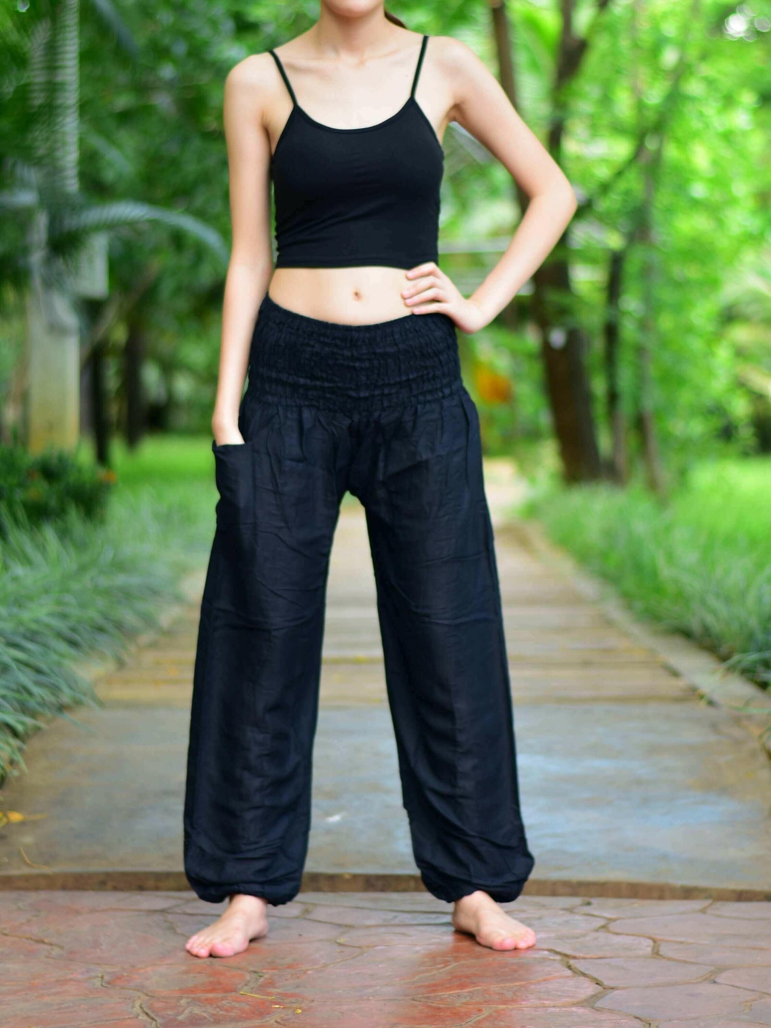 Bohotusk Kids Girls Plain Black Elasticated Smocked Waist Harem Pants