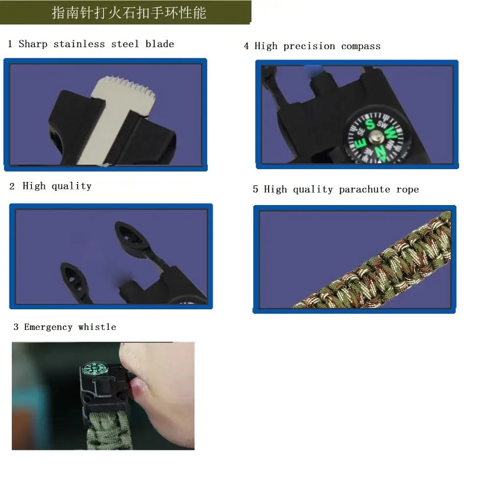 4 in 1 Emergency Survival Bracelet For Men Outdoor Rescue Parachute Cord Wristband Whistle Compass Paracord NO Flintstones