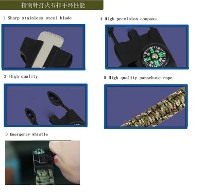 4 in 1 Emergency Survival Bracelet For Men Outdoor Rescue Parachute Cord Wristband Whistle Compass Paracord NO Flintstones