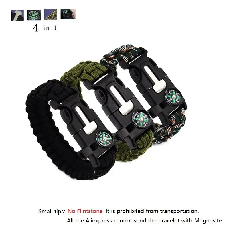 4 in 1 Emergency Survival Bracelet For Men Outdoor Rescue Parachute Cord Wristband Whistle Compass Paracord NO Flintstones