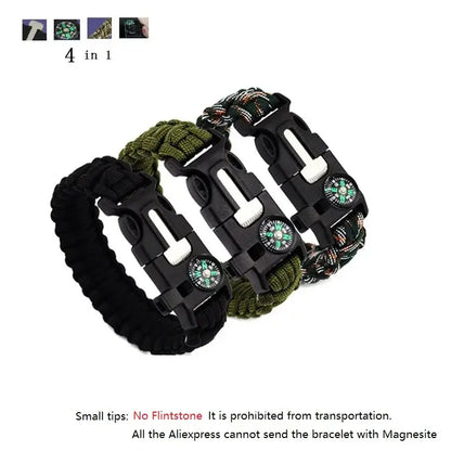 4 in 1 Emergency Survival Bracelet For Men Outdoor Rescue Parachute Cord Wristband Whistle Compass Paracord NO Flintstones
