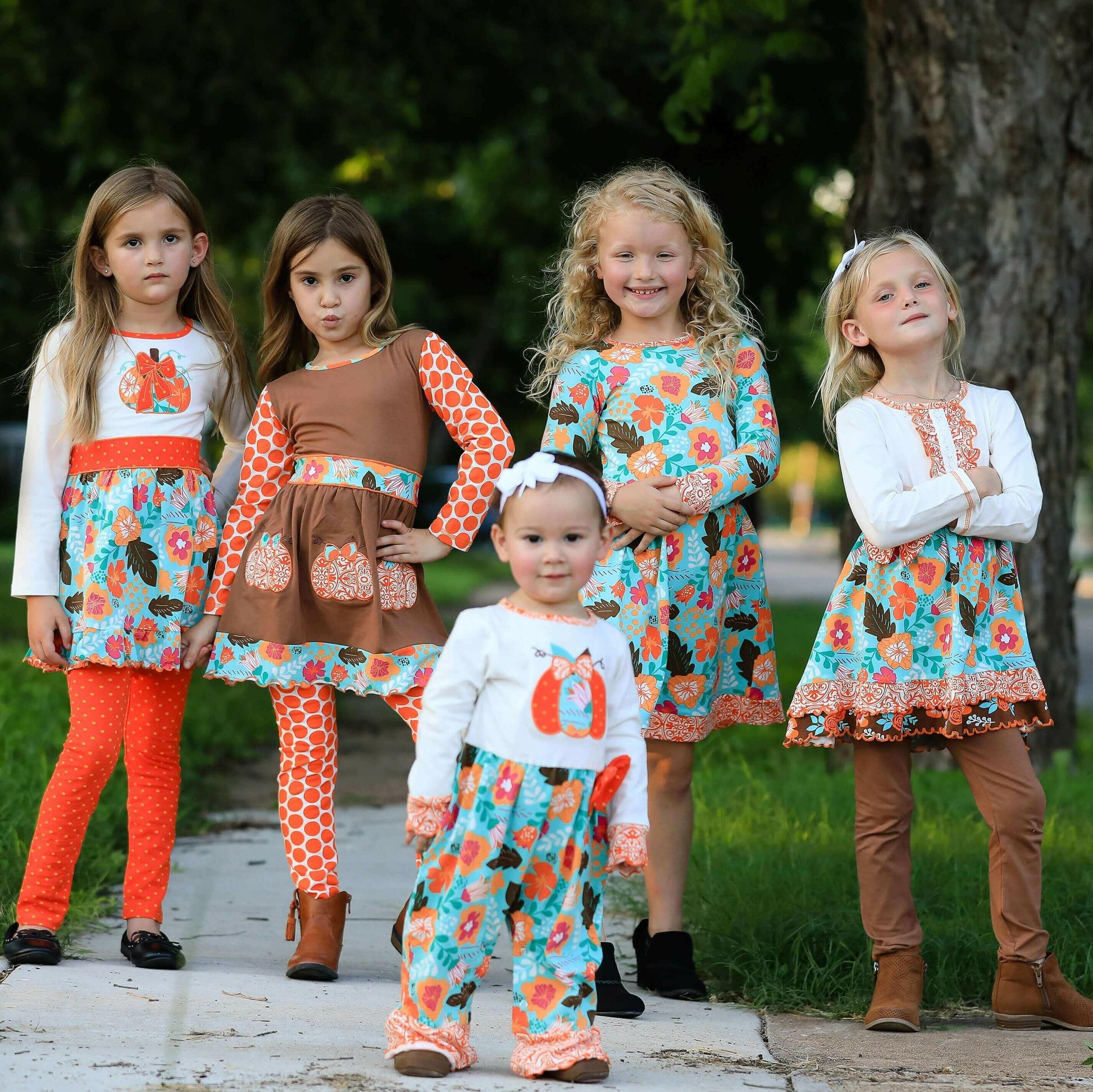 Girls Vibrant Autumn Floral Pumpkin Thanksgiving Dress & Leggings.