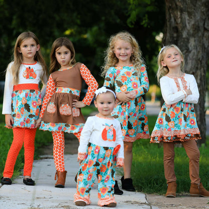 Girls Vibrant Autumn Floral Pumpkin Thanksgiving Dress & Leggings.