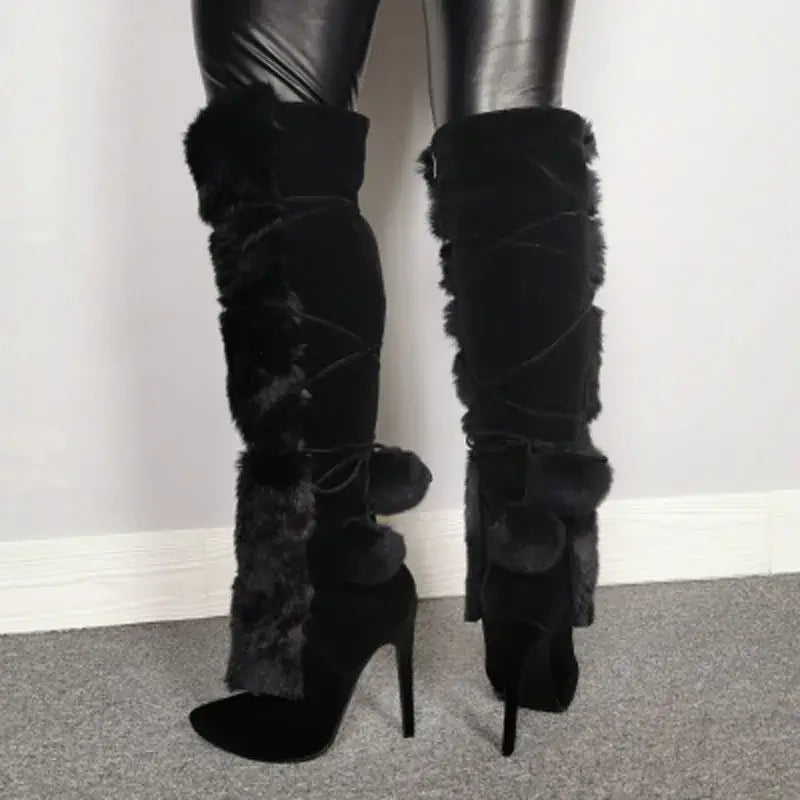 fashion fox fur botas cow suede leather over the knee long winter snow