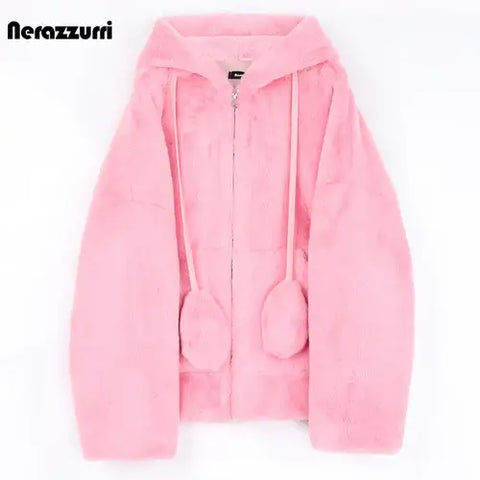 Nerazzurri Spring fluffy jacket with rabbit ears raglan sleeve zipper