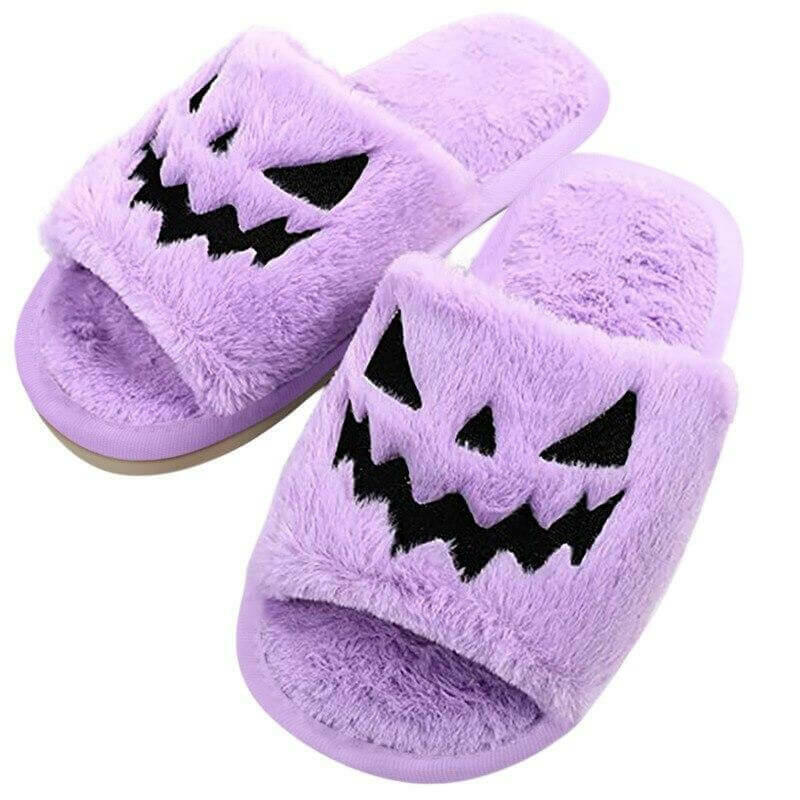 Halloween Pumpkin Slippers Open Toe Women Fuzzy Slippers Color Purple