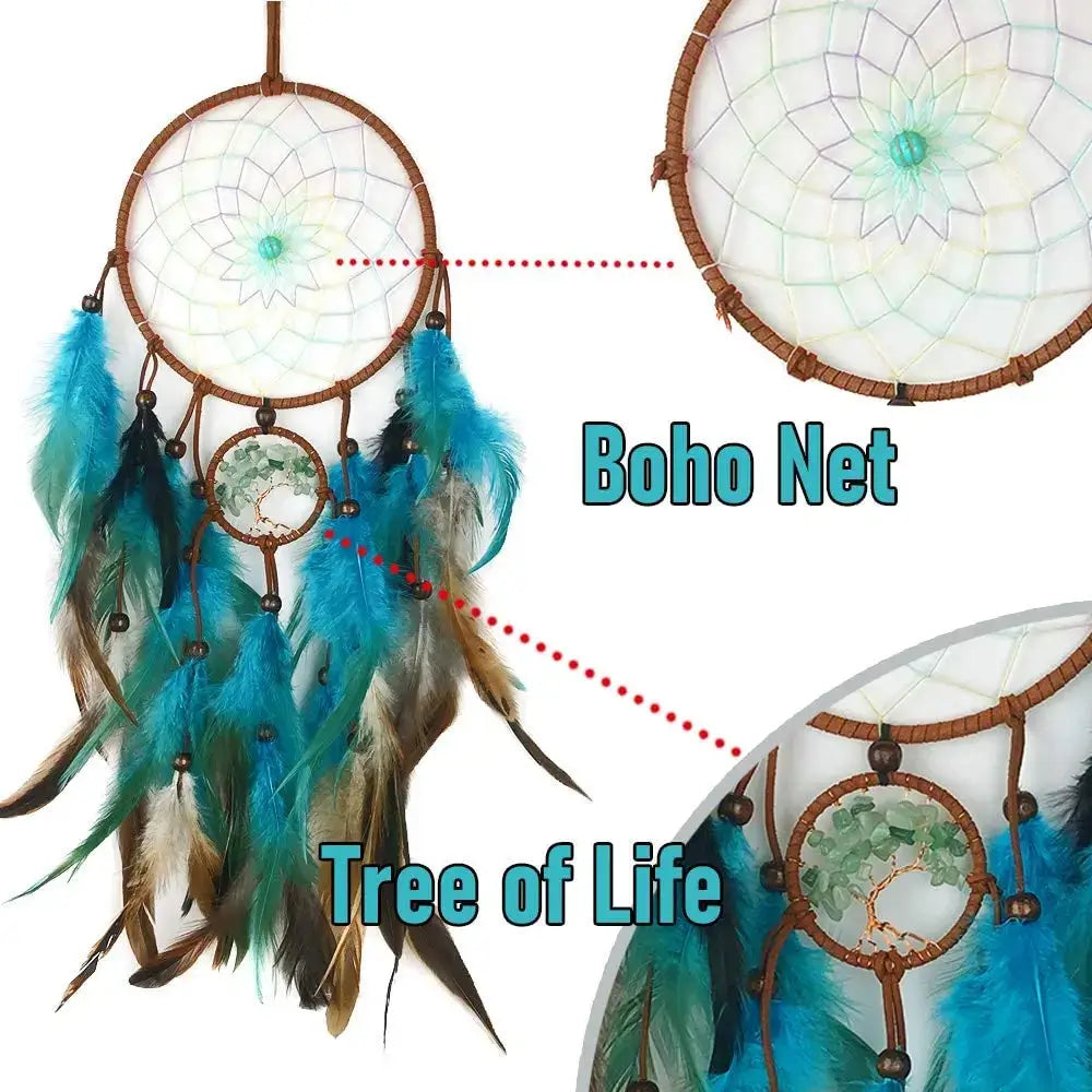 Dream Catcher Tree of Life with Feathers Indians Style Crystal Stone Home Hanging Ornament for Bedroom Dorm Handmade Gift 60cm