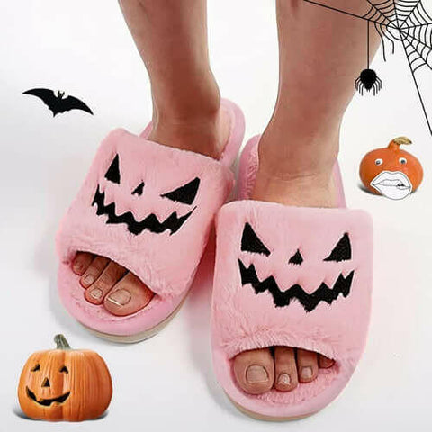 Halloween Pumpkin Slippers Open Toe Women Fuzzy Slippers Color Purple