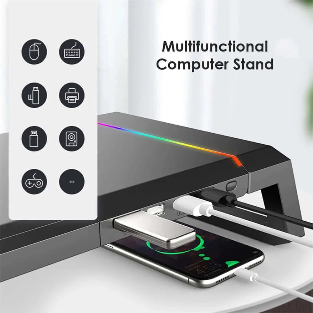 RGB Monitor Stand 4 USB Charging Desk Organizer Bracket Computer