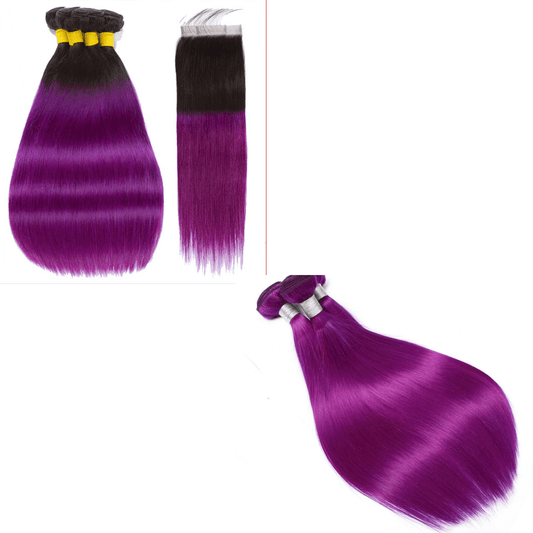 Purple 10A Grade Silver #1B/ purple  3/4 Straight BUNDLES with CLOSURE.