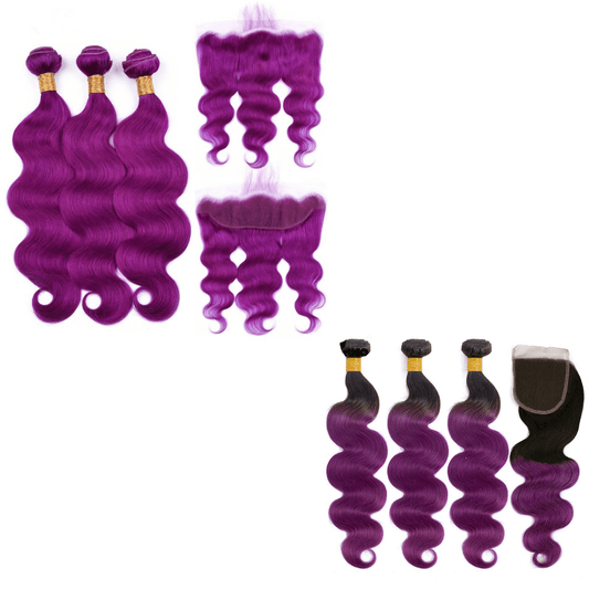 Body Wave 10A Grade Purples #1B/ purple 3/4 BUNDLES with CLOSURES & FR.