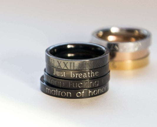 Black Stacking Ring Black Engraved Ring, Personalized Gift Women Ring