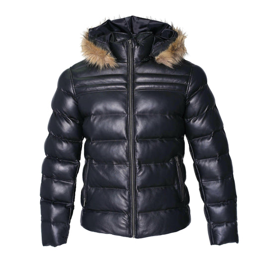 Men's Crimson Black Puffer Winter Down Leather Jacket with Fur.