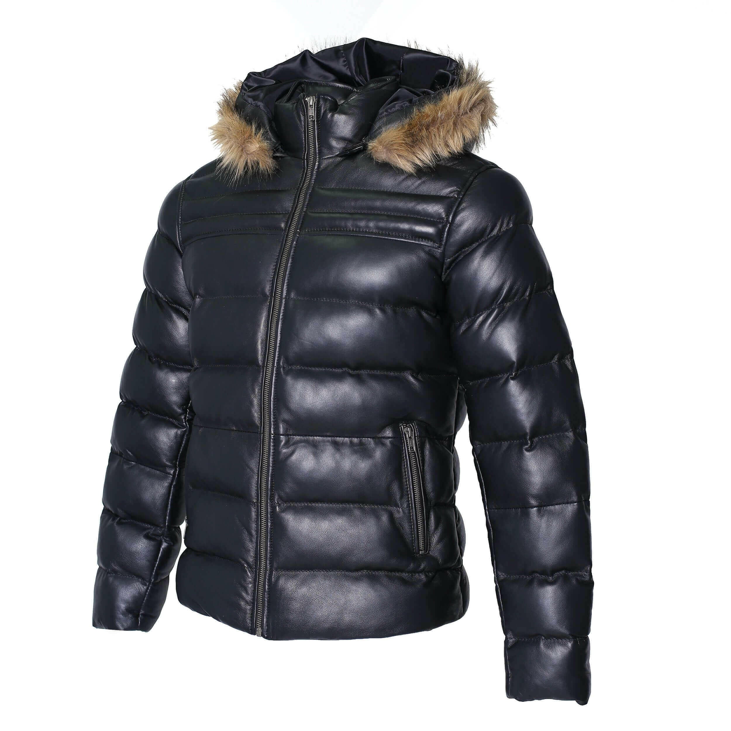 Men's Crimson Black Puffer Winter Down Leather Jacket with Fur.