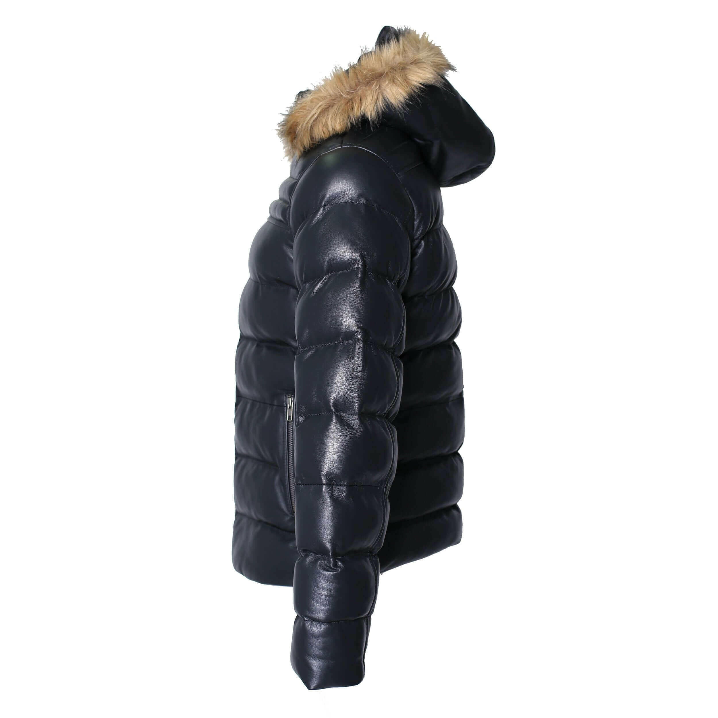 Men's Crimson Black Puffer Winter Down Leather Jacket with Fur.