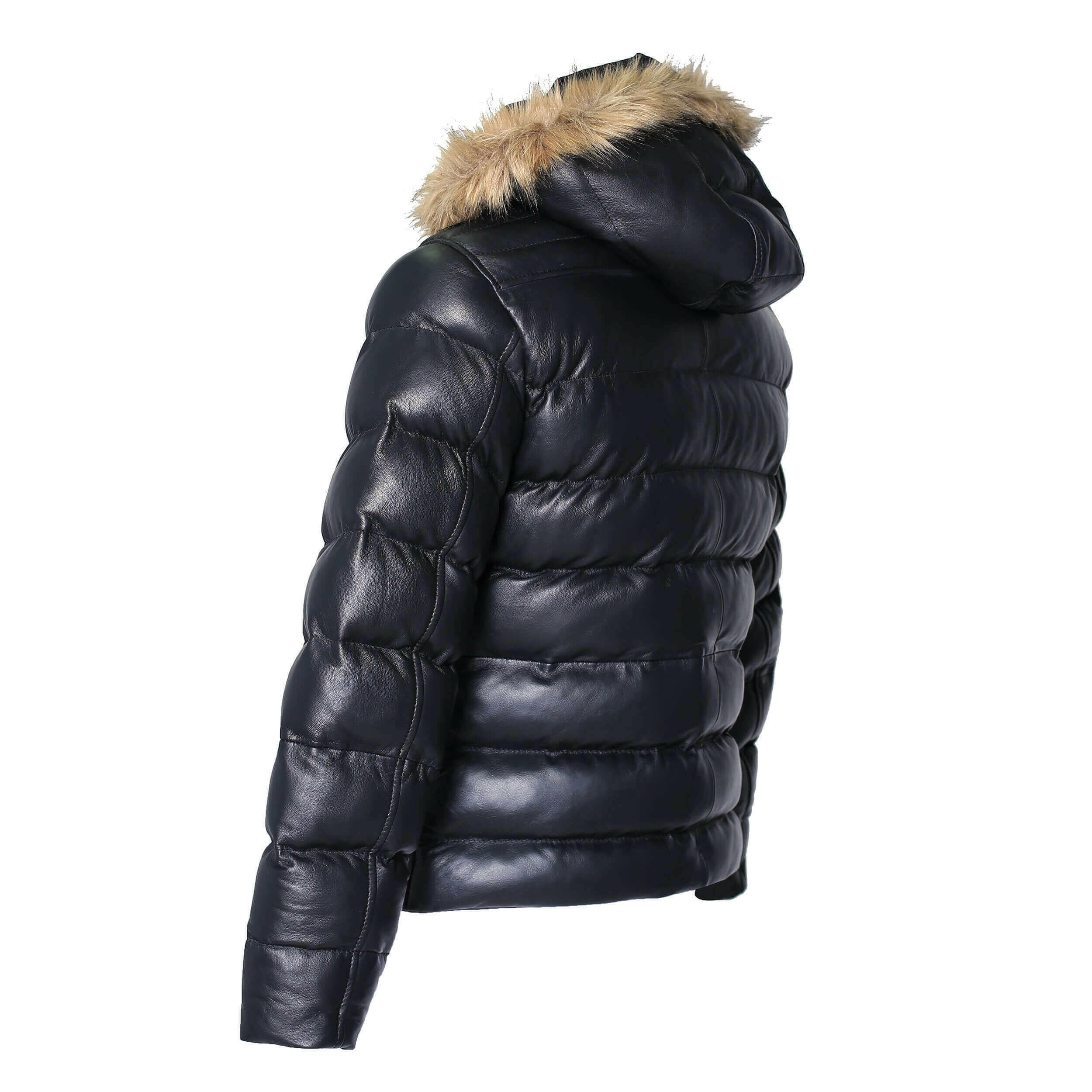 Men's Crimson Black Puffer Winter Down Leather Jacket with Fur.