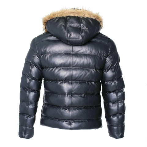 Men's Crimson Black Puffer Winter Down Leather Jacket with Fur.