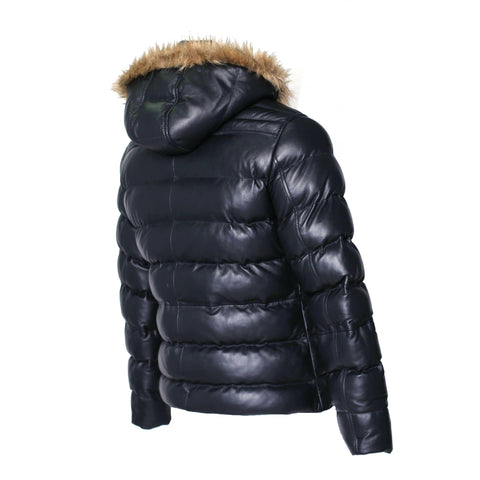 Men's Crimson Black Puffer Winter Down Leather Jacket with Fur.