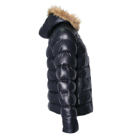 Men's Crimson Black Puffer Winter Down Leather Jacket with Fur.