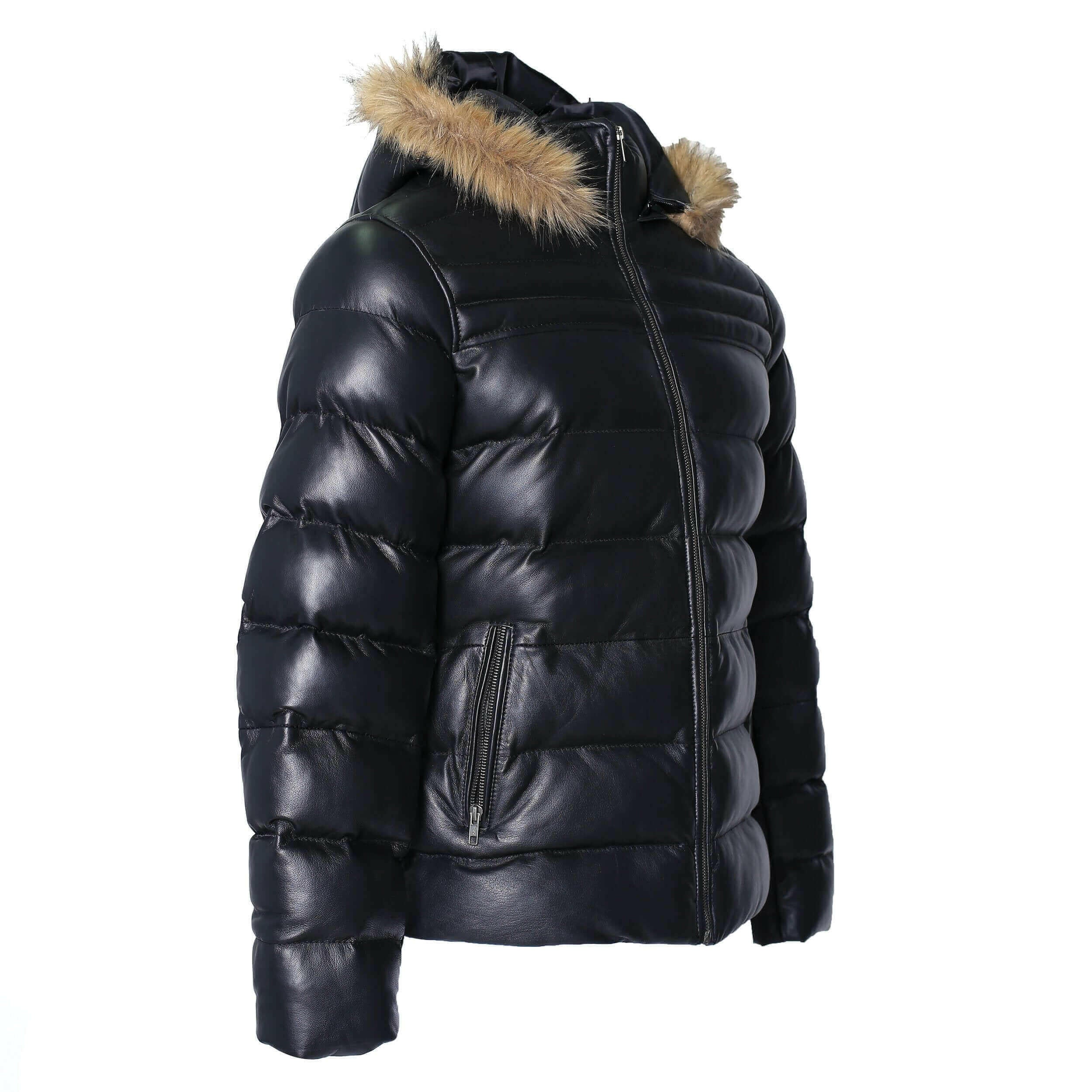 Men's Crimson Black Puffer Winter Down Leather Jacket with Fur.