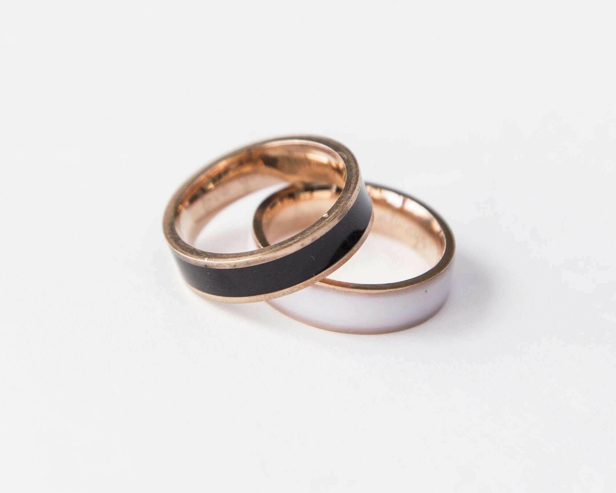 Rose Gold Couple Rings Black and White Personalized Couple Gift,.