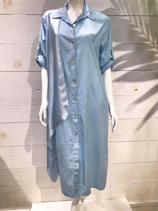 Baby Blue Silky Layer Cotton Shirt Italian Dress.